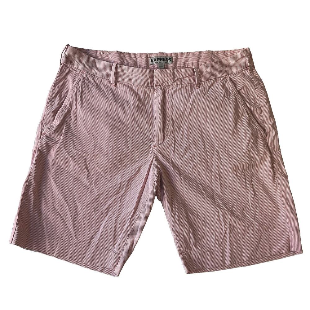 Express Men Shorts 32 Pink Striped Chino Photographer Button 9" Inseam FlatFront